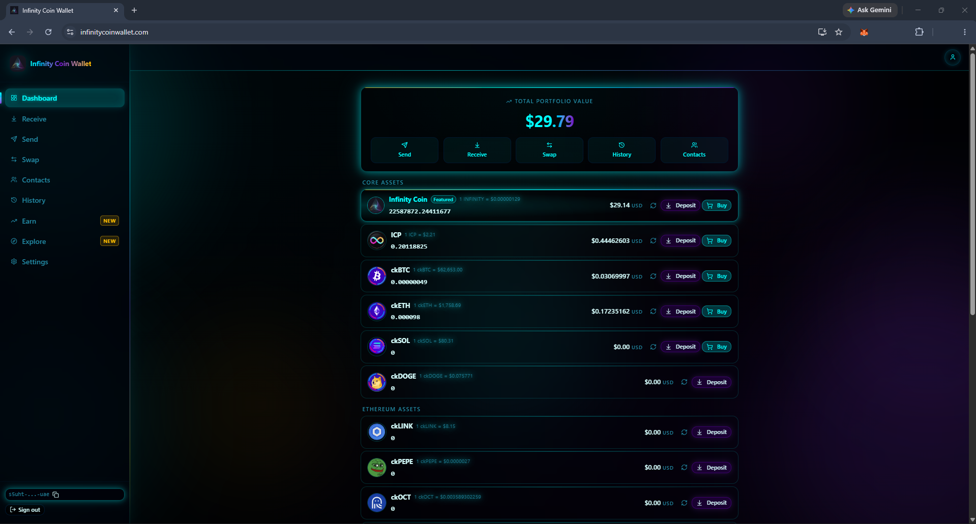 Infinity Coin Wallet desktop dashboard showing total portfolio value and a list of core and Ethereum crypto assets
